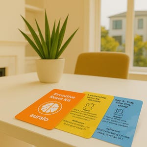 Op de afbeelding: Drie kleurrijke kaarten voor een Executive Reset Kit, Leadership en Dag 3. De kaarten liggen op een wit oppervlak met een potplant op de achtergrond. De kaarten hebben tekst en illustraties.