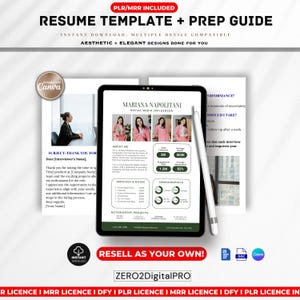 May include: A digital tablet showing a resume template and prep guide. The screen displays a resume with the name "Mariana Napolitani" and social media influencer details. The image includes the text "Resume Template + Prep Guide" and "Instant Download".