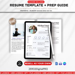 Puede incluir: Una plantilla de currículum digital y una guía de preparación, con el texto "Resume Template + Prep Guide" y "Resell as your own!". La imagen incluye una tableta, ejemplos de currículum y un lápiz óptico. El diseño es estético y elegante.