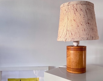Midcentury oak turned wood lamp with barkcloth shade 60s