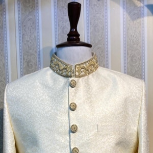 Cream jamawar sherwani, Wedding Sherwani Men, Sherwani, Indian Wedding Dress, Groomsmen, Sherwani For Groom, Groom Outfit, Wedding Gift