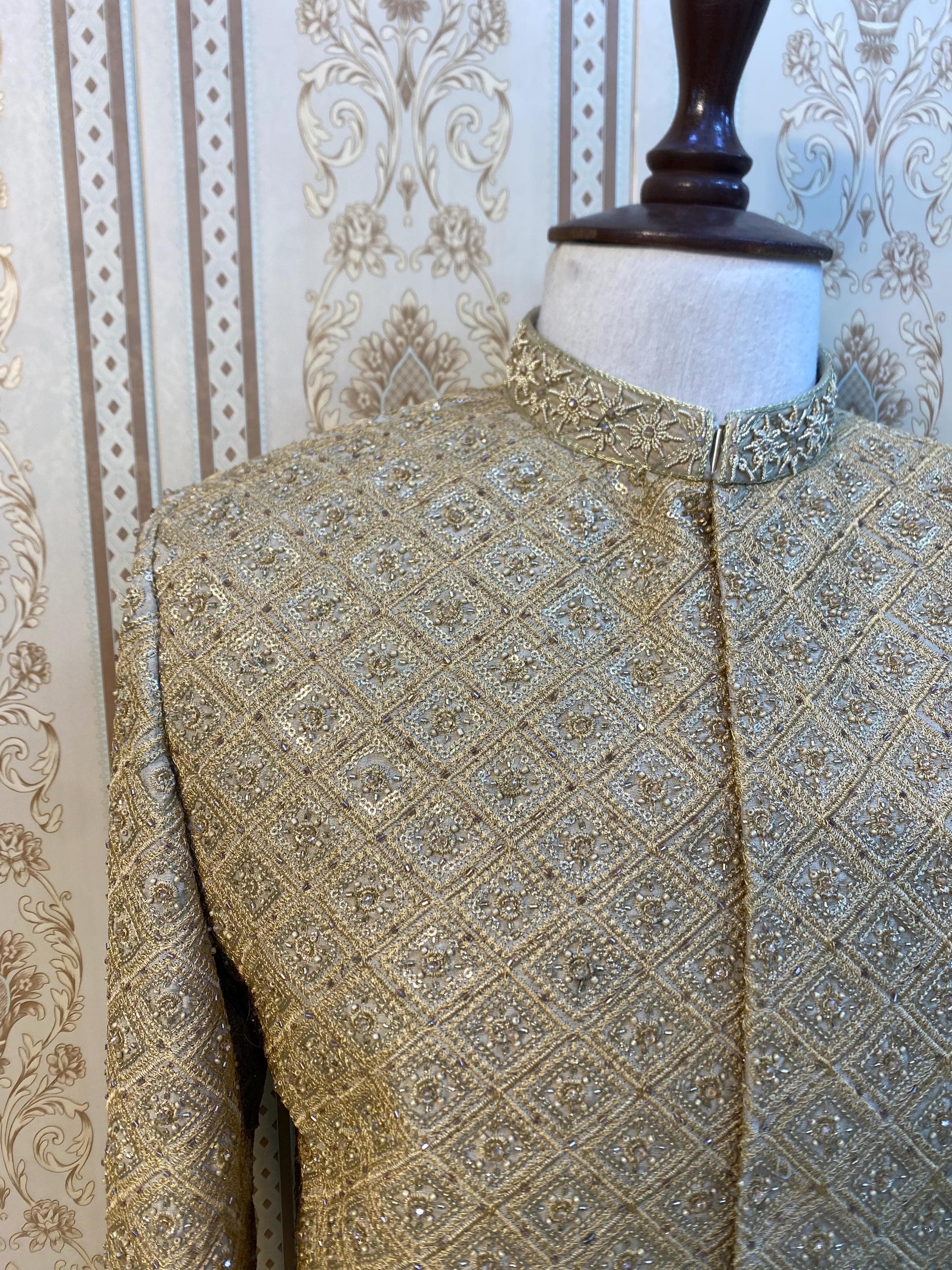 Handmade Golden Embroidered Sherwani: Indian Groom Wedding Outfit