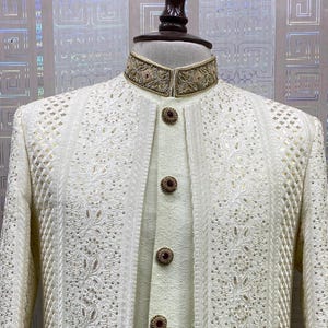 Cream Self Embossed Sherwani, Wedding Sherwani Men, Wedding, Indian Wedding Dress, Groomsmen, Sherwani For Groom, Groom Outfit, Wedding Gift
