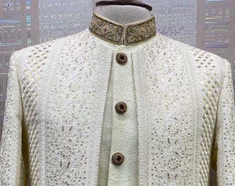 Cream Self-Embossed Raw Silk Sherwani: Indian Wedding Outfit, Turban & Khussa Included