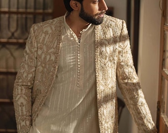 Handmade Ivory Prince Coat: Embroidered Jodhpuri Suit, Nikkah Reception