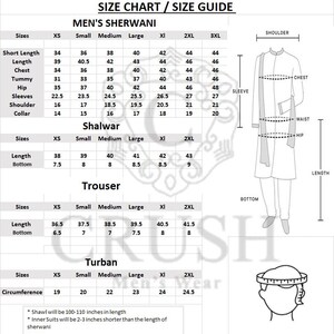 May include: Size guide for Men's Sherwani, Shalwar, Trousers, and Turban. Measurements are in inches. Sizes range from XS to 3XL for Sherwani, XS to 2XL for Shalwar and Trousers, and XS to 2XL for Turban. Includes shawl and inner suit length details.