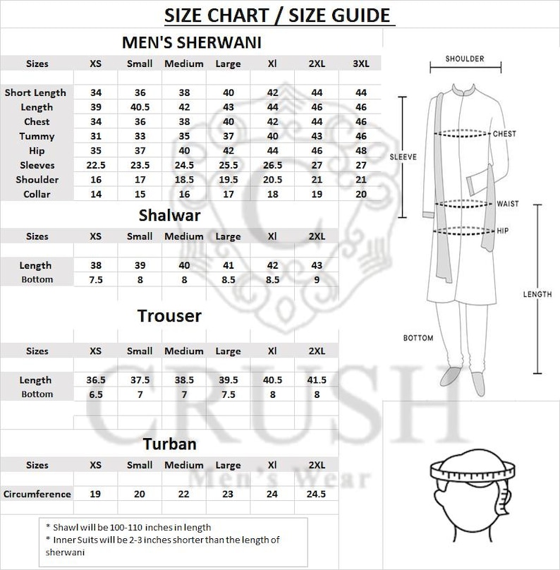 May include: Size guide for Men's Sherwani, Shalwar, Trousers, and Turban. Measurements are in inches. Sizes range from XS to 3XL for Sherwani, XS to 2XL for Shalwar and Trousers, and XS to 2XL for Turban. Includes shawl and inner suit length details.