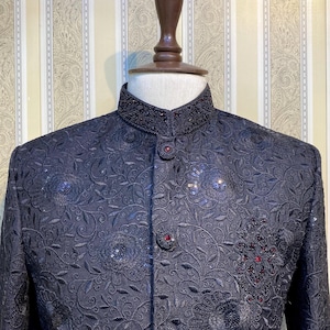 Black Raw Silk Sherwani for Men: Embroidered Indian Wedding Outfit