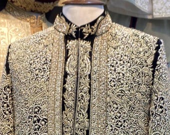 Handmade Golden Embroidered Velvet Sherwani: Indian Groom Wedding Outfit