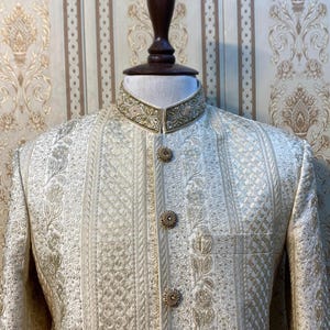 Gold Self Embossed Sherwani, Ivory Color Sherwani, Wedding, Indian Wedding Dress, Groomsmen, Sherwani For Groom, Groom Outfit, Wedding Gift