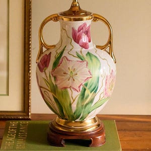 Hand-Painted Floral Table Lamp by Pamela Shirley | Signed Ceramic Lamp with Brass Accents | No Shade Included