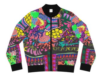 Chaqueta bomber con estampado floral abstracto colorido / Chaqueta estampada para mujer