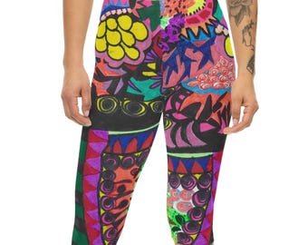 Abstract Neon Floral Patchwork Capri Leggings | Colorful Art Print