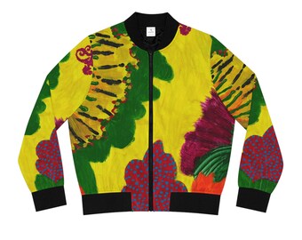 Bold Tropical Floral Bomber Jacket | Yellow Green Abstract Flowers