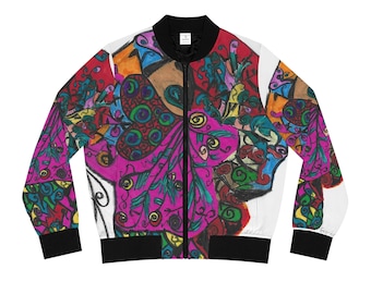 Chaqueta bomber con estampado floral abstracto colorido y rostro / Estampado integral