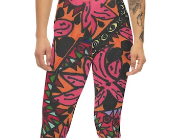 Tropical Floral Pattern Capri Leggings | Bright Abstract Hibiscus Print