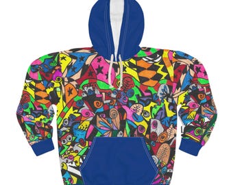 Sudadera con capucha y estampado vibrante: ropa urbana colorida, ideal para festivales.