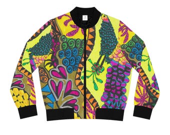 Chaqueta bomber con estampado floral colorido de pavo real