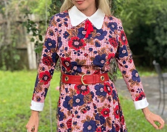 1960s Mod Cotton Red Gingham Dress with Blue and White Floral Print + White Peter Pan Collar