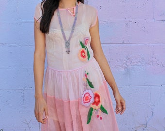 1920s Pink Organza Dream Dress with Floral Embroidery + Deco Detailing