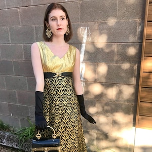 1960&#39;s Gold + Black Brocade Dress