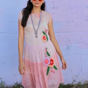 1920s Pink Organza Dream Dress with Floral Embroidery Deco Detailing image 1