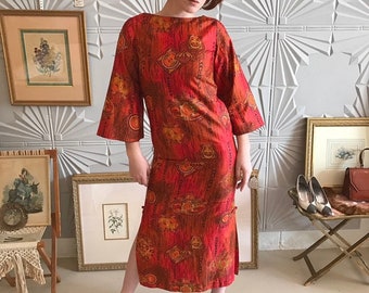 1960s Red Hawaiian Brushed Cotton Dress with Bell Sleeves + Side Slits