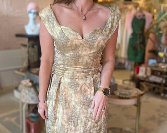 1960s Gold Metallic Silk Dress with Deco Chandelier Print