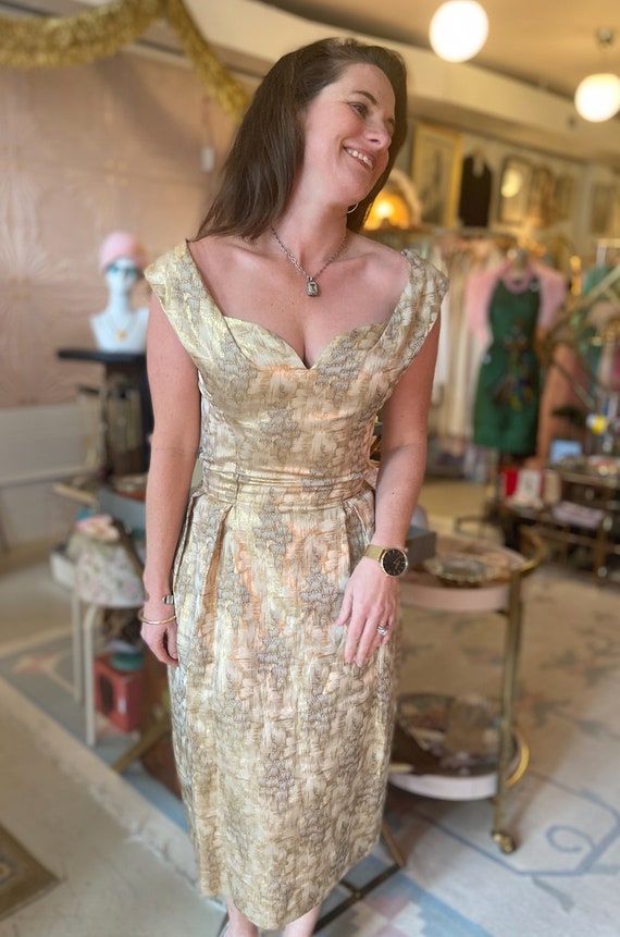 1960s Gold Metallic Silk Dress with Deco Chandelie