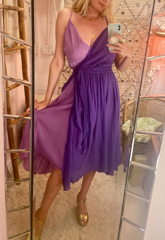 1970s Purple + Lavender Cotton Gauze Wrap Dress with … Gem