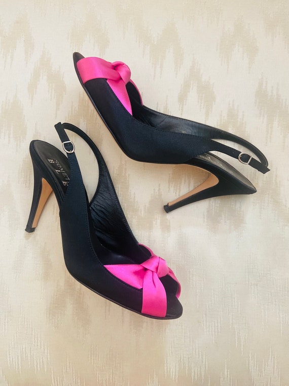 Black Satin Peep-Toe Heels with Hot Pink Satin Bo… - image 2