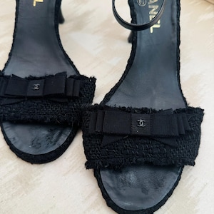 Chanel Black Boucle Knit Bow Sandals