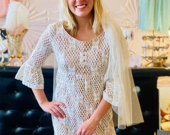 1960s White Crochet Lace Dress with Belled Sleeves