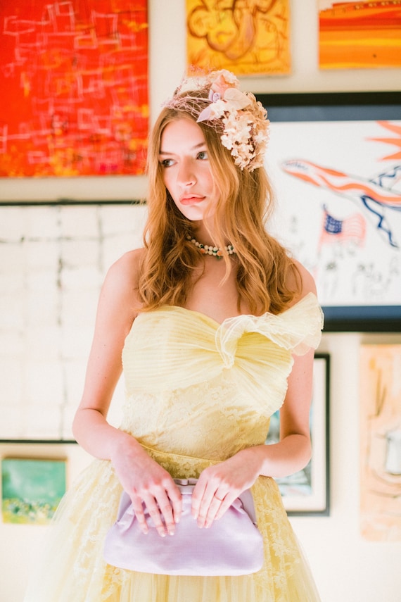 1950s Strapless Yellow Tulle Belle Dream Dress w L Gem