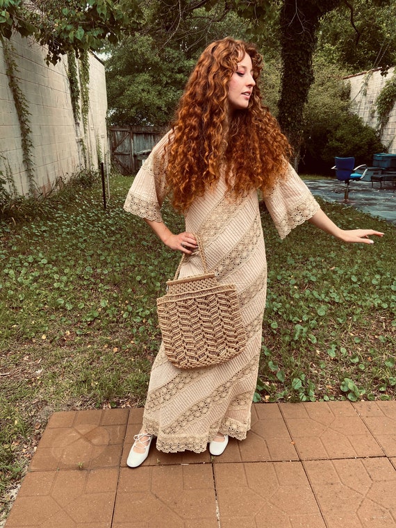1960’s Mexican Cotton Lace Nude Pink Maxi Dress