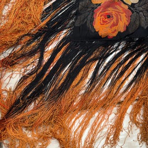 1920s Black Silk Piano Shawl with Metallic Lamé Flowers and Orange Ombre Fringe