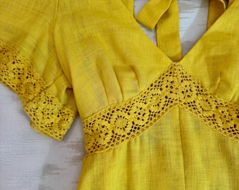 1960s Yellow Linen Dress with Flutter Sleeves, Crochet Trim + Tie Back