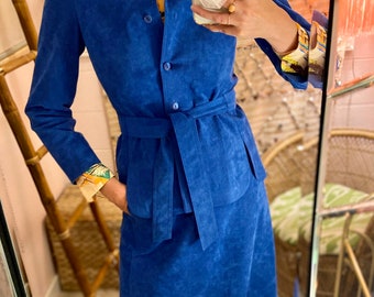 1970s Cobalt Blue Micro Suede Belted Jacket + Skirt Set