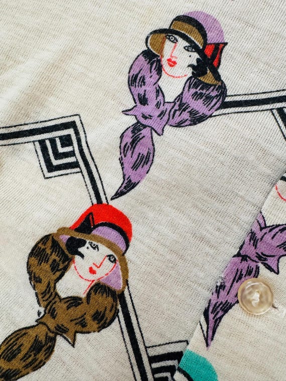 1970s Art Deco Lady Novelty Print Blouse