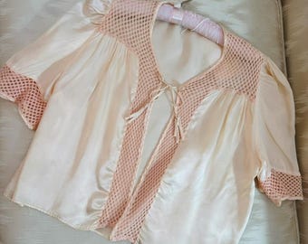 1920s Blush Pink Satin Bed Jacket with Mesh Detail