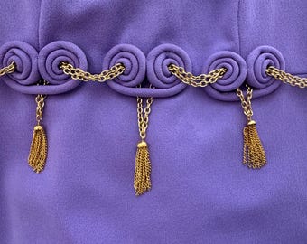 1960s Mod Purple Mini Dress with Gold Art Deco Chain Belt