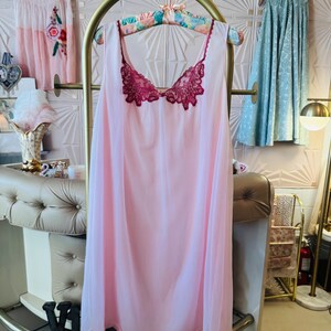 May include: A light pink vintage nightgown with a burgundy lace neckline, hanging on a gold clothing rack. The sheer fabric drapes down, showcasing the delicate design. Other vintage dresses are visible in the background.