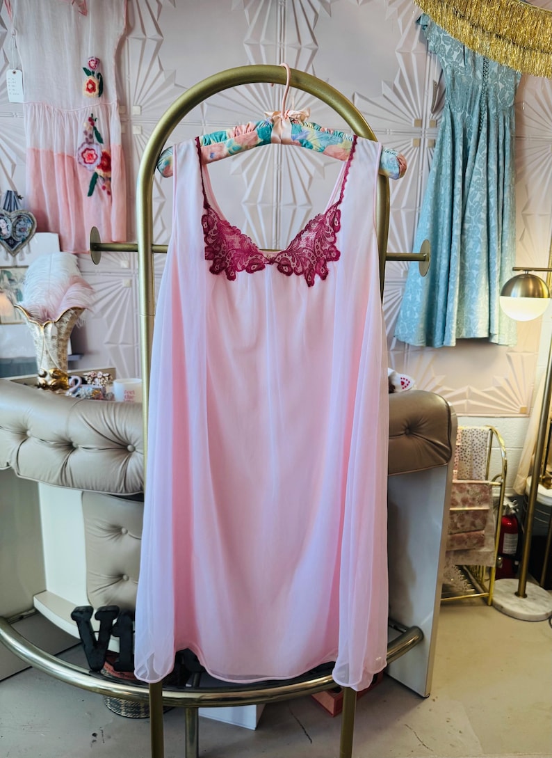May include: A light pink vintage nightgown with a burgundy lace neckline, hanging on a gold clothing rack. The sheer fabric drapes down, showcasing the delicate design. Other vintage dresses are visible in the background.