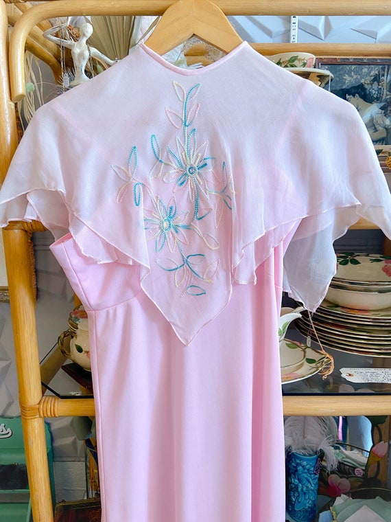 1970s Pale Pink Maxi Dress with Pastel Floral Emb… - image 2