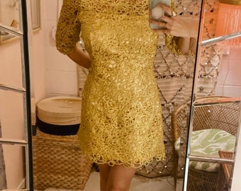 1960s Gold Ribbon Off the Shoulder Mini Dress