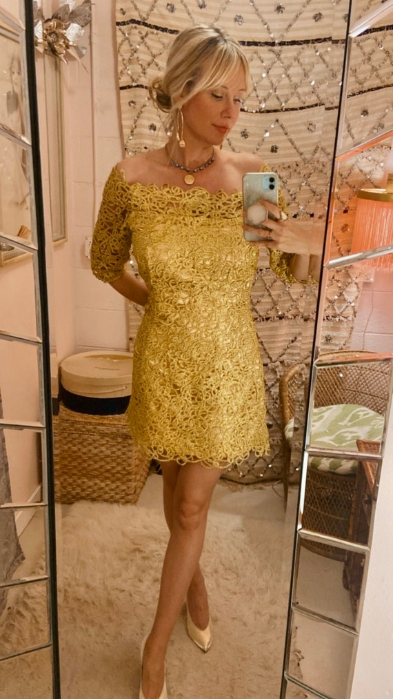 1960s Gold Ribbon Off the Shoulder Mini Dress