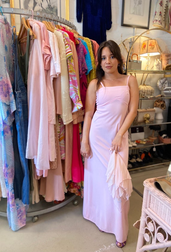 1970s Pale Pink Maxi Dress with Pastel Floral Emb… - image 4