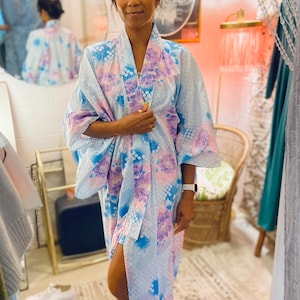 Japanese Cotton Pastel Blue Lavender Kimono with Silver Metallic Detail image 1