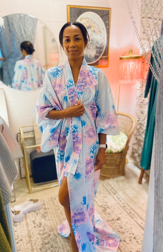 Japanese Cotton Pastel Blue + Lavender Kimono with