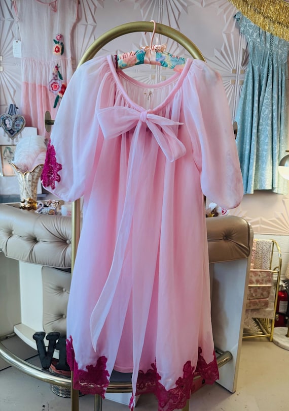 1960s Pink Nightgown with Lace Trim, Matching Peignoir